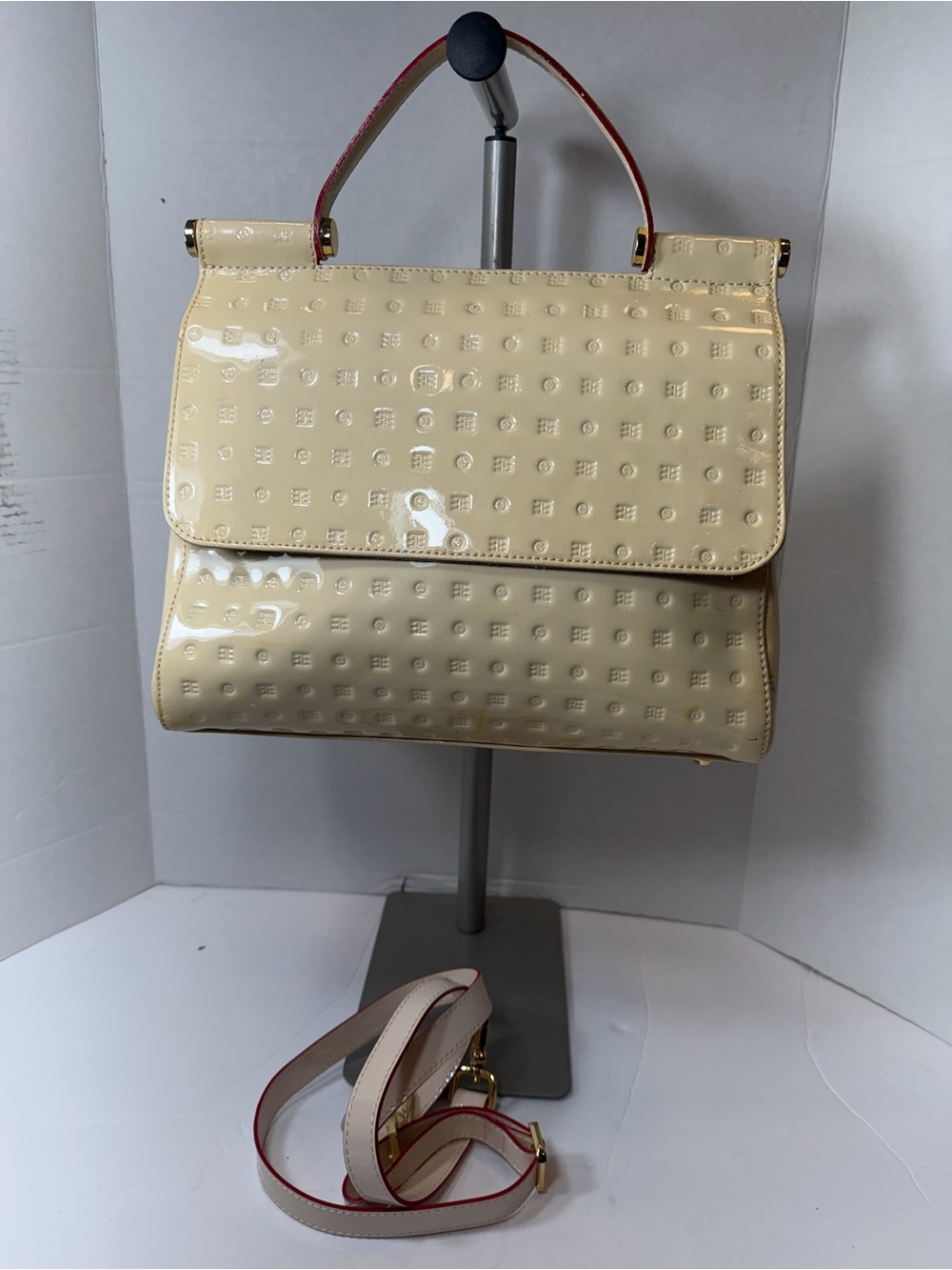 ARCADIA Patent Leather Top-Handle Bag in Cream made in Italy